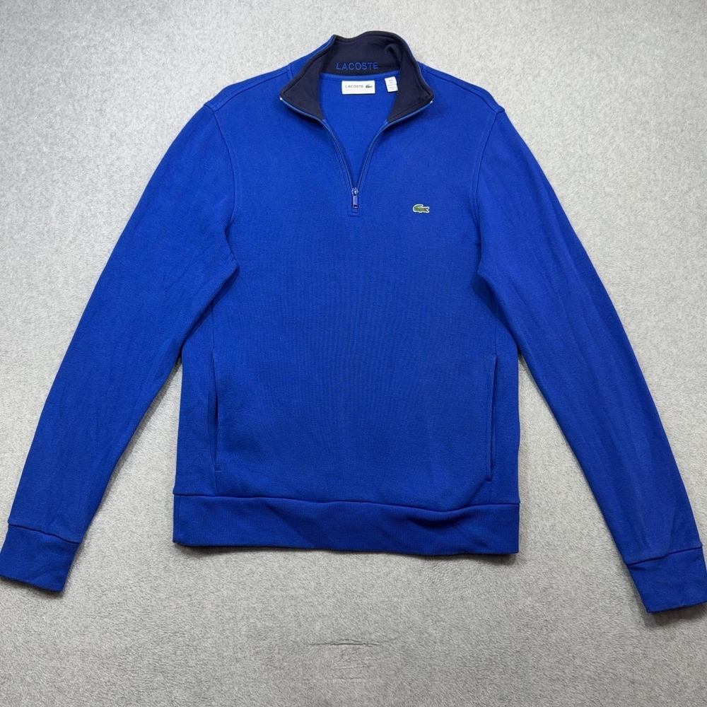 Lacoste Sweater Mens Large Blue 1/4 Zip Mock Neck Cotton Pullover Crocodile Logo